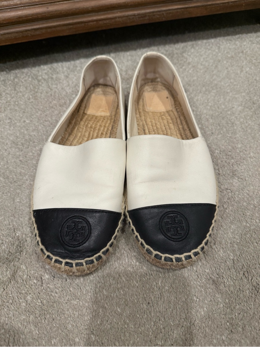 Tory Burch White Leather Espadrilles with Black Cap Toe